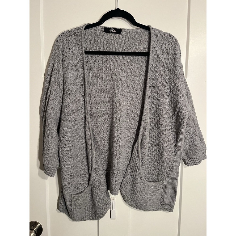 Elodie Womens Gray Open Front Cardigan Sweater 3/4 Sleeve 100% Cotton Pockets